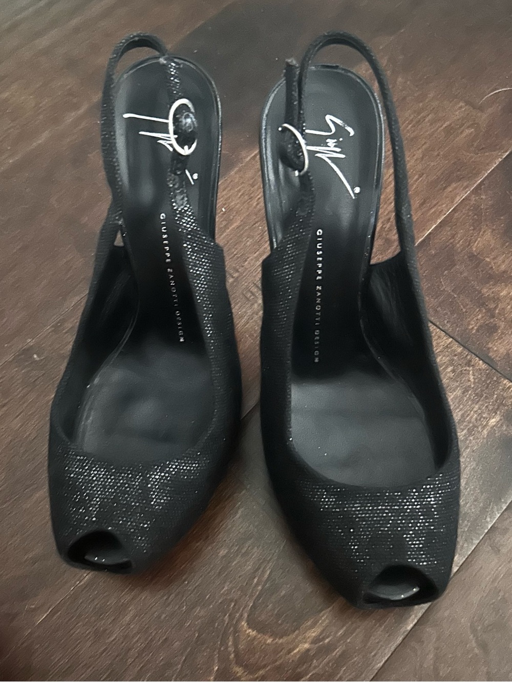 Giuseppe Zanotti Black Sparkle Peep-Toe Slingback Heels